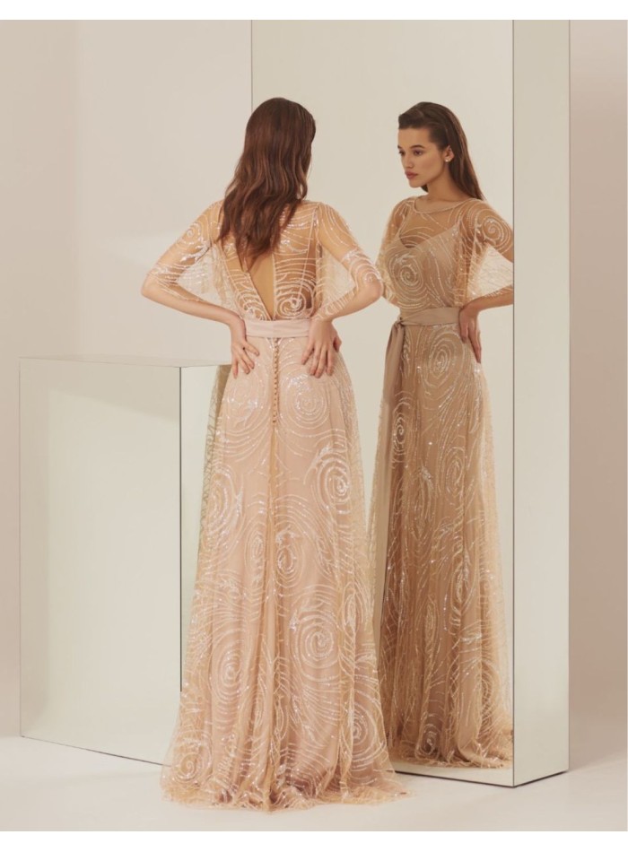 Robe longue de soirée nude avec sequins et...