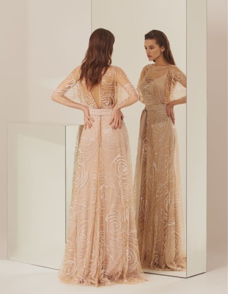 Nude long party dress with sequins and belt