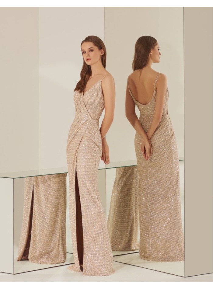 Vestido de fiesta dorado largo cruzado con...