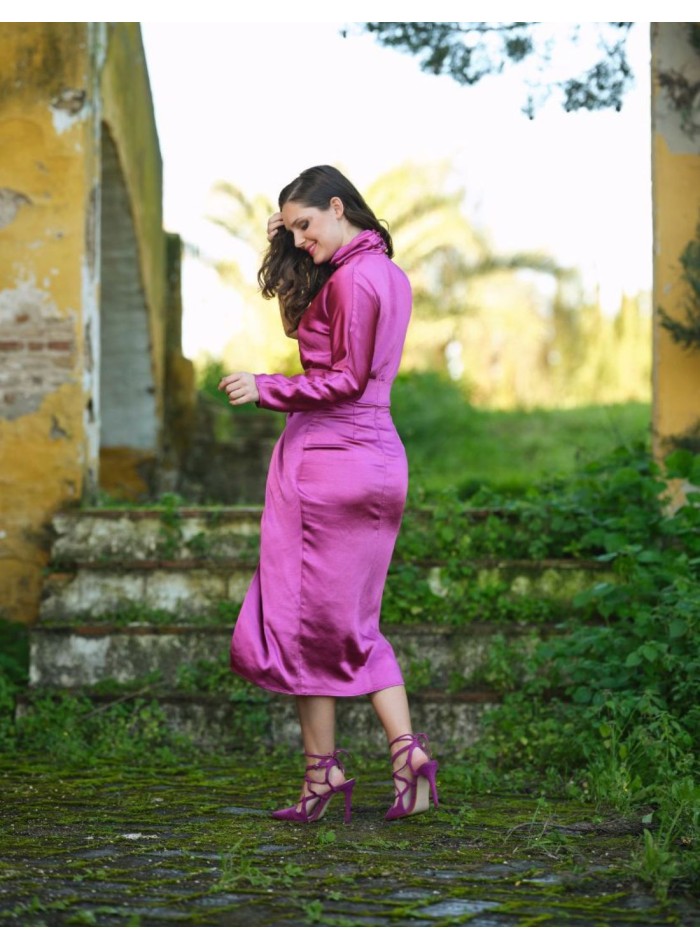 Satin midi party dress in pink.