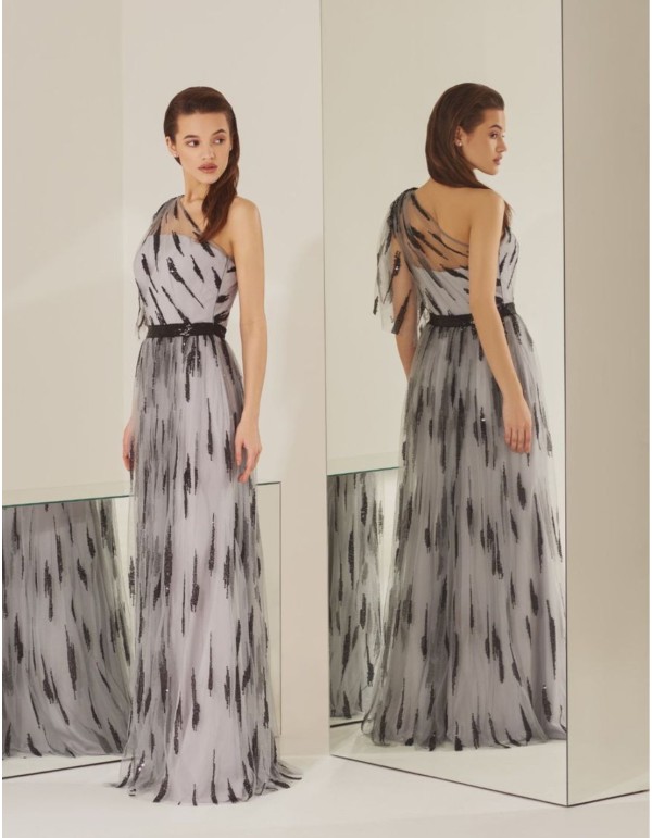 Robe longue asymétrique avec tulle imprimé