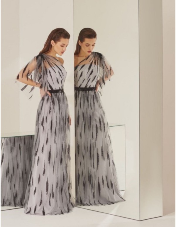 Robe longue asymétrique avec tulle imprimé 2