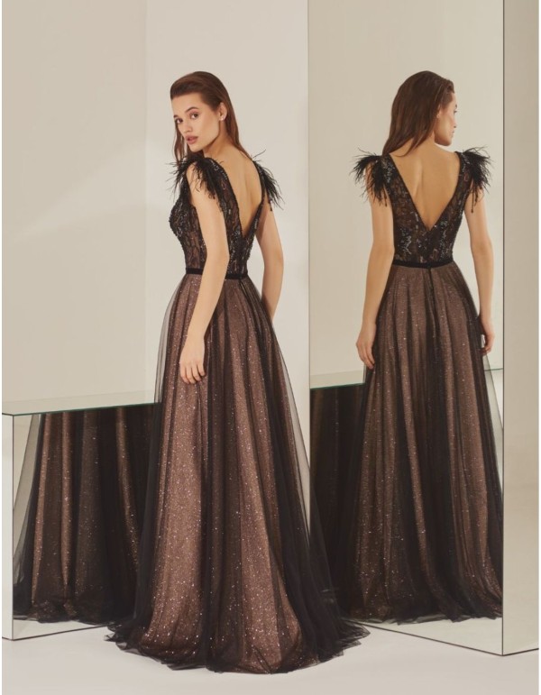 Robe longue noire en tulle avec plumes sur les épaules 2