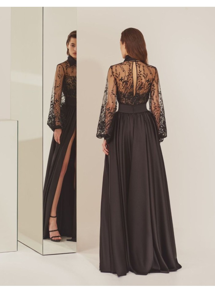 Black party bodysuit with long side slit skirt