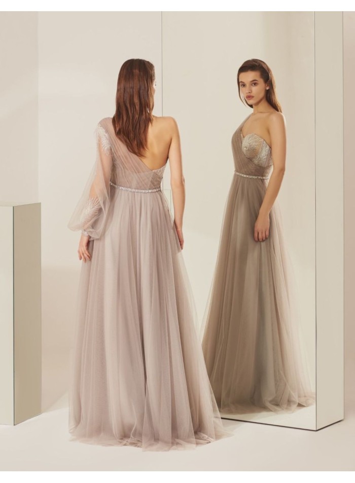 Asymmetric long party dress with tulle skirt