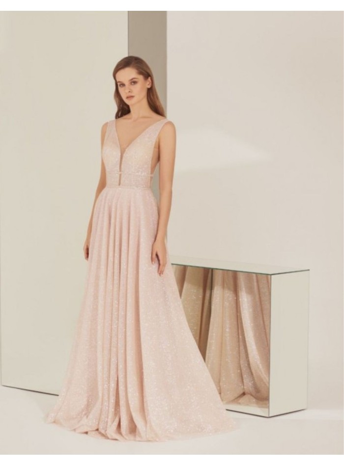 Long party dress with shimmering neckline and skirt