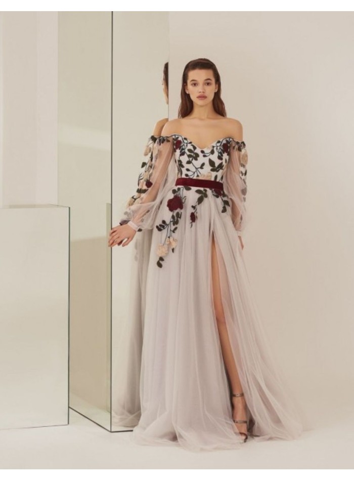 Long party dress bardot neckline with floral applique