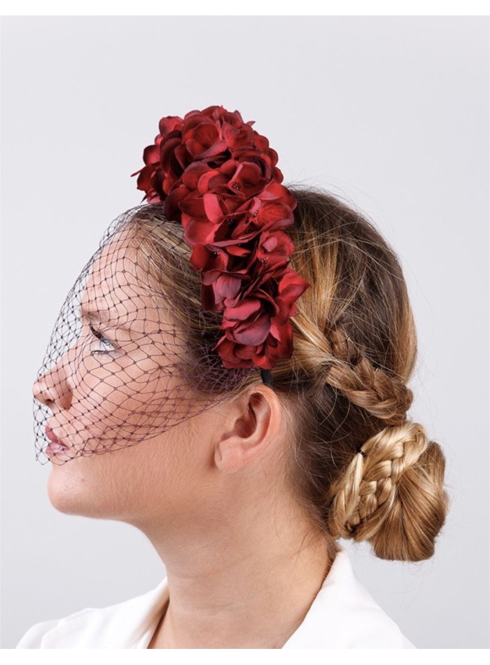 Floral party headband in reddish tones with mesh