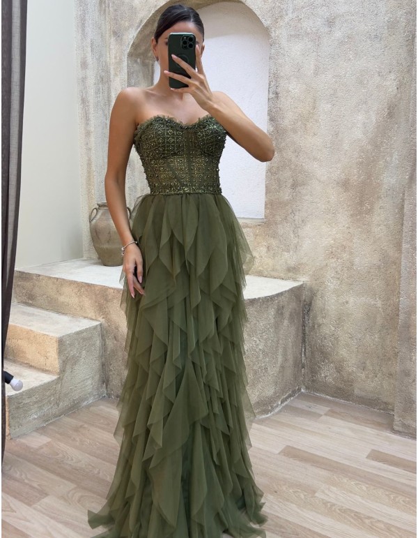 Vestido de fiesta con corsé de pedrería y falda de...