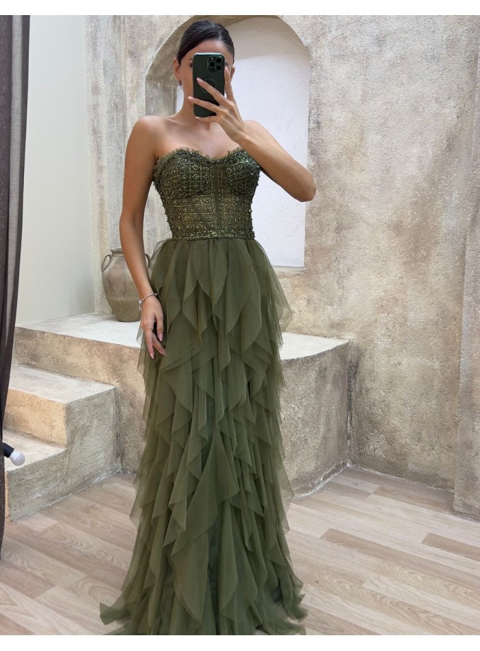 Evening dress with rhinestone corset and tulle ruffle skirt