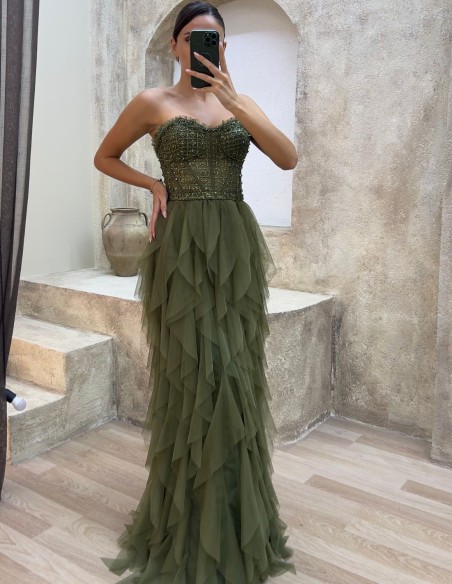 Robe de soirée avec corset en strass et jupe à volants en tulle