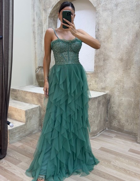 Robe de soirée avec corset en strass et jupe à volants en tulle