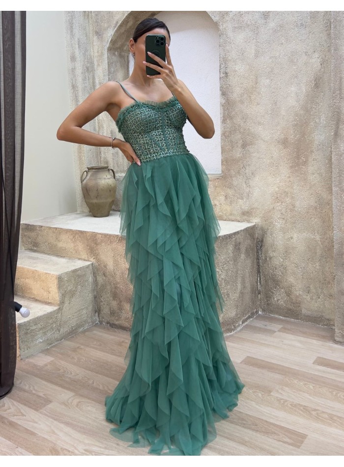 Evening dress with rhinestone corset and tulle...