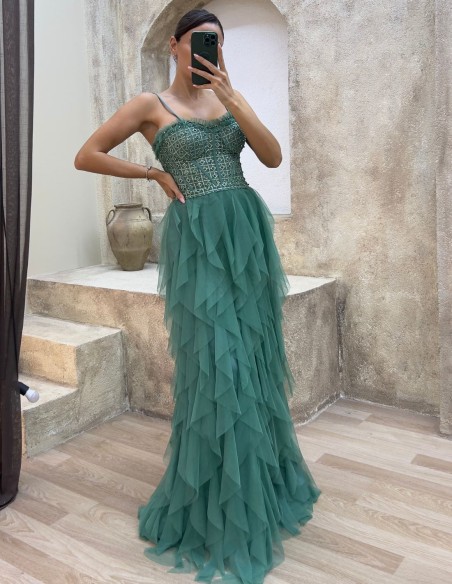 Robe de soirée avec corset en strass et jupe à volants en tulle