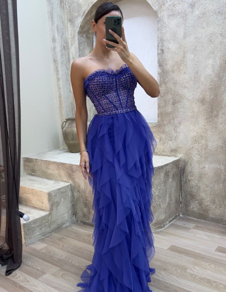 Evening dress with rhinestone corset and tulle ruffle skirt