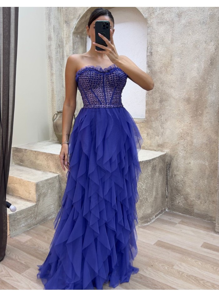 Evening dress with rhinestone corset and tulle...