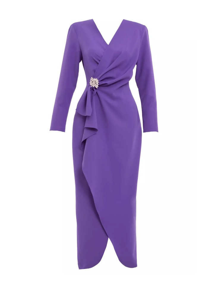 Midi evening dress with crossover neckline and long sleeves