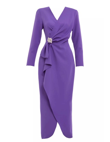 Vestido de fiesta midi con escote cruzado y manga larga