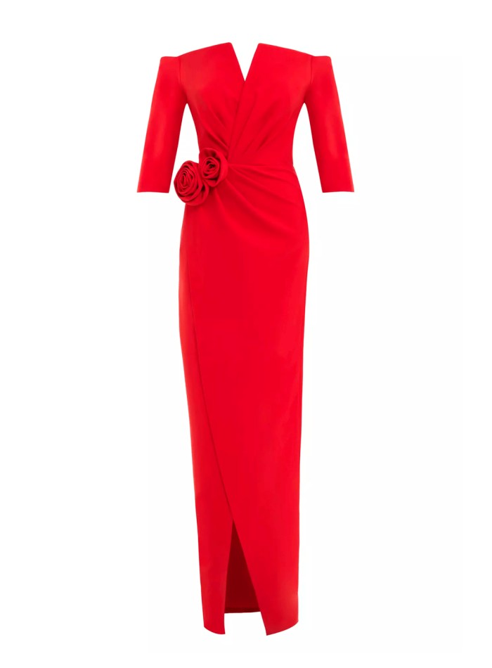 Evening dress with bandeau neckline and flower detail