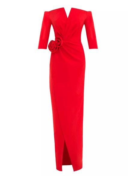 Robe longue de fête avec décolleté bandeau et détails floraux