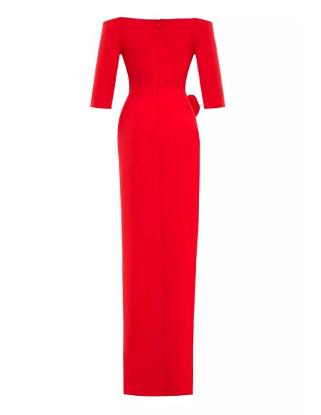 Evening dress with bandeau neckline and flower detail