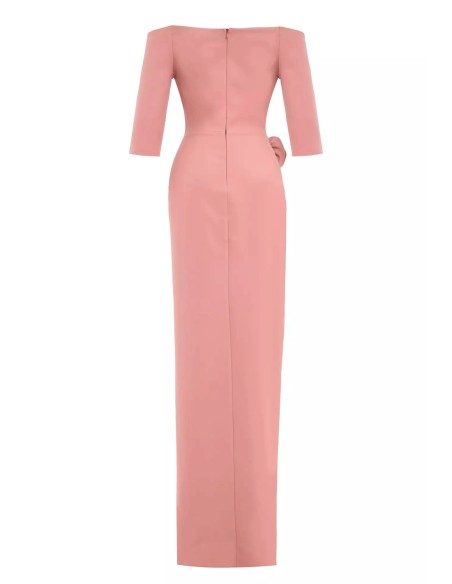 Evening dress with bandeau neckline and flower detail