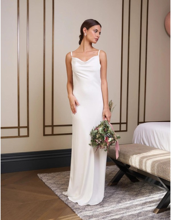 Long satin wedding dress.