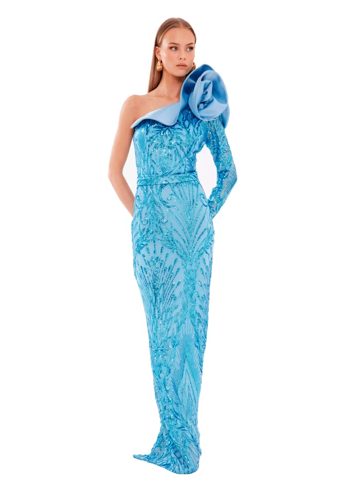 Sequin evening dress with flower detail