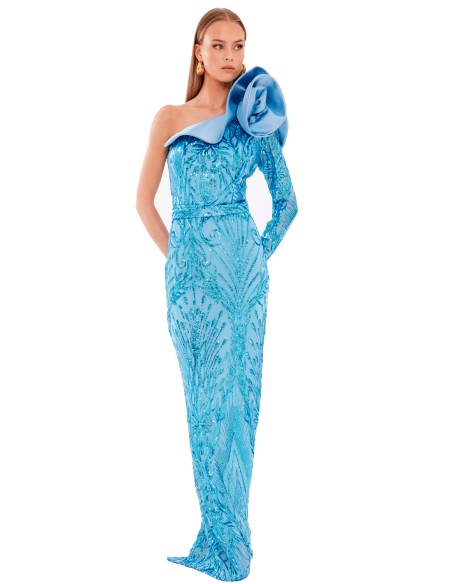 Robe longue de fête en sequins avec détails floraux