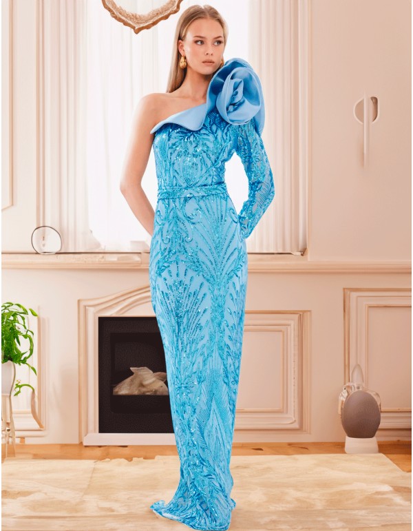 Sequin evening dress with flower detail