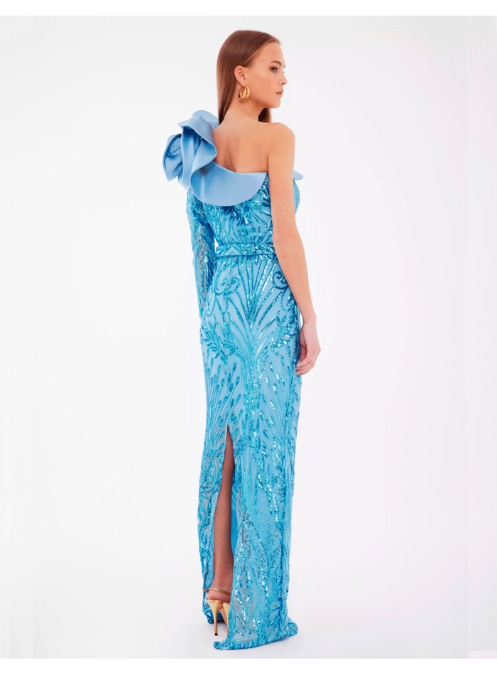 Sequin evening dress with flower detail