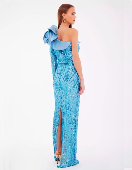 Sequin evening dress with flower detail