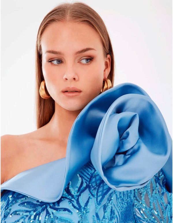 Sequin evening dress with flower detail 2