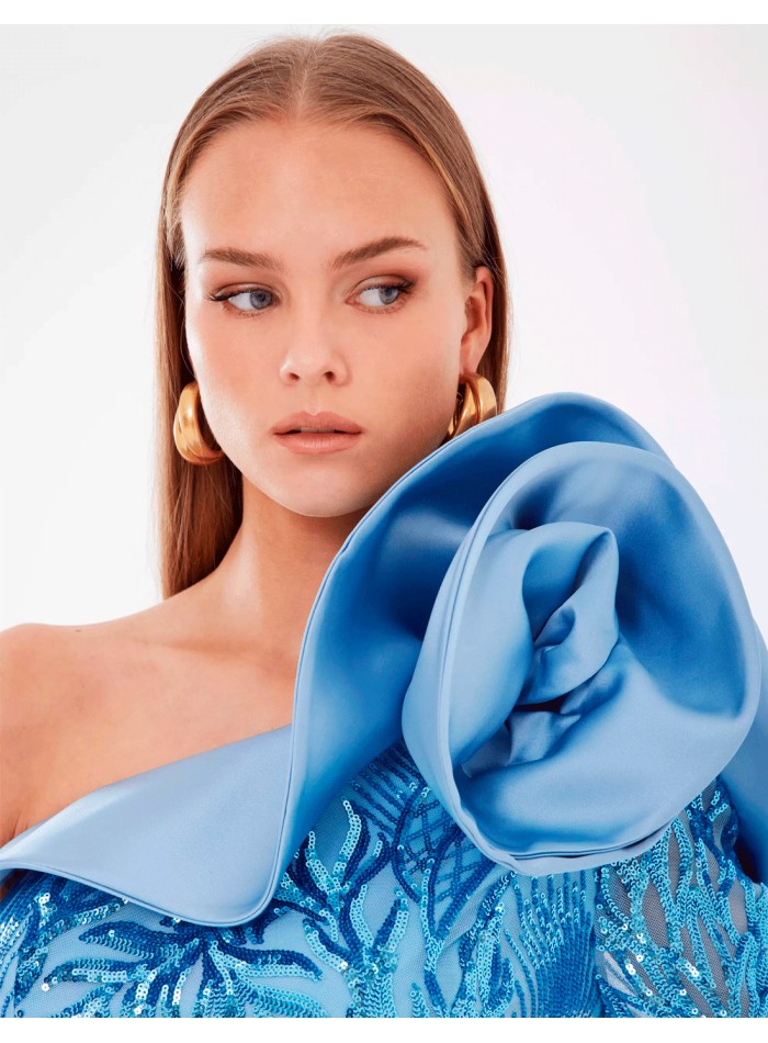 Sequin evening dress with flower detail