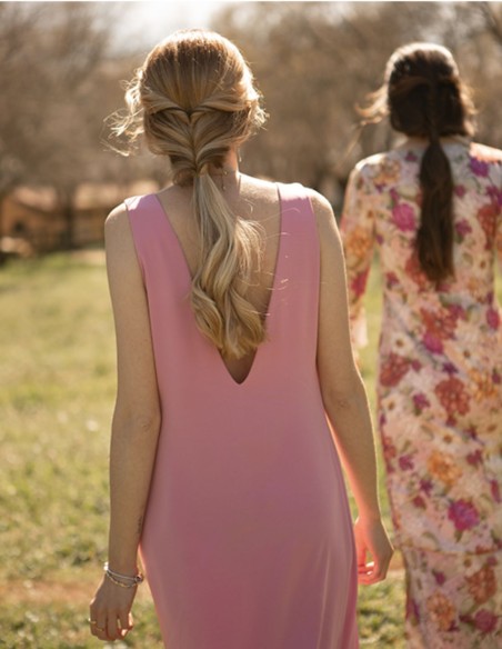 Camellia pink satin party midi dress