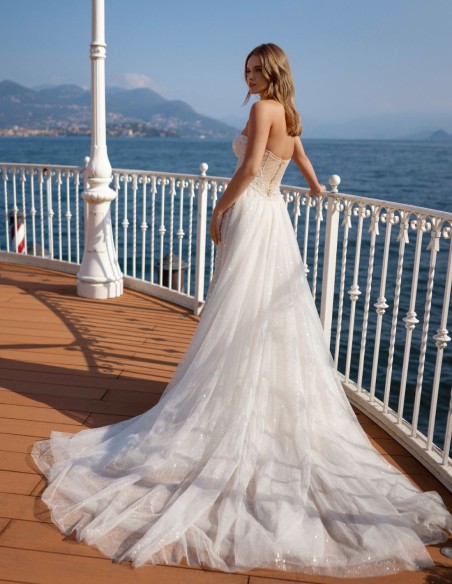 Robe de mariée à bretelles avec strass et traîne amovible