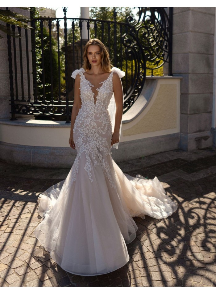 Nude wedding dress with V-neckline and V-back,...