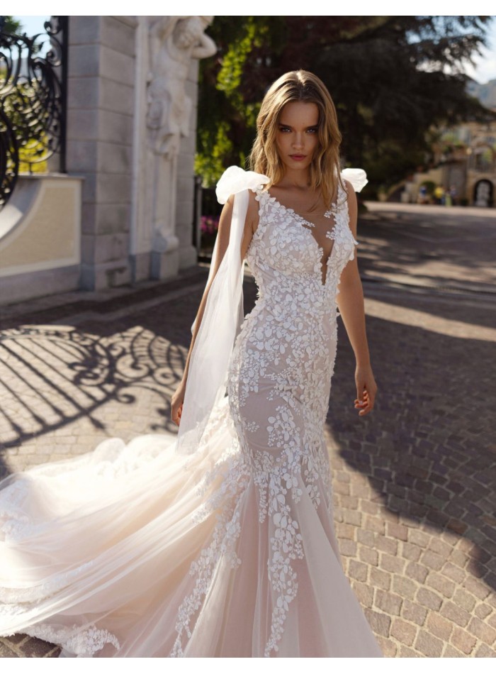 Nude wedding dress with V-neckline and V-back,...