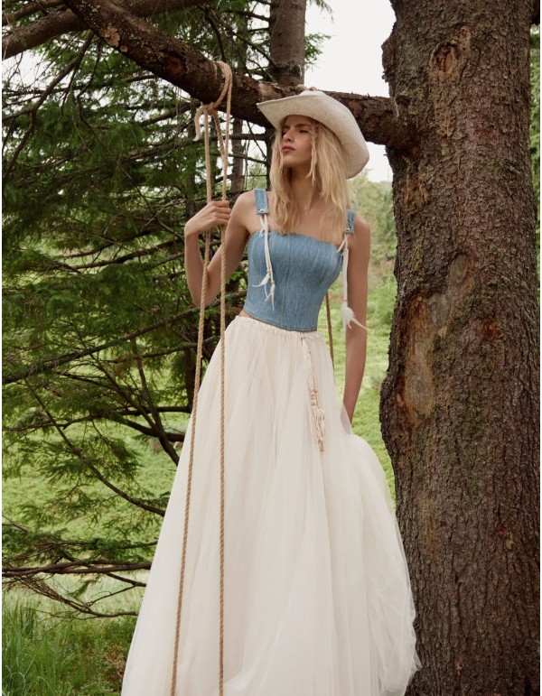 Blue denim corset with decorative feathers 2