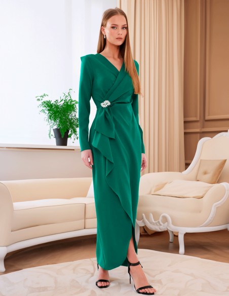 Vestido de fiesta largo con escote cruzado y manga larga