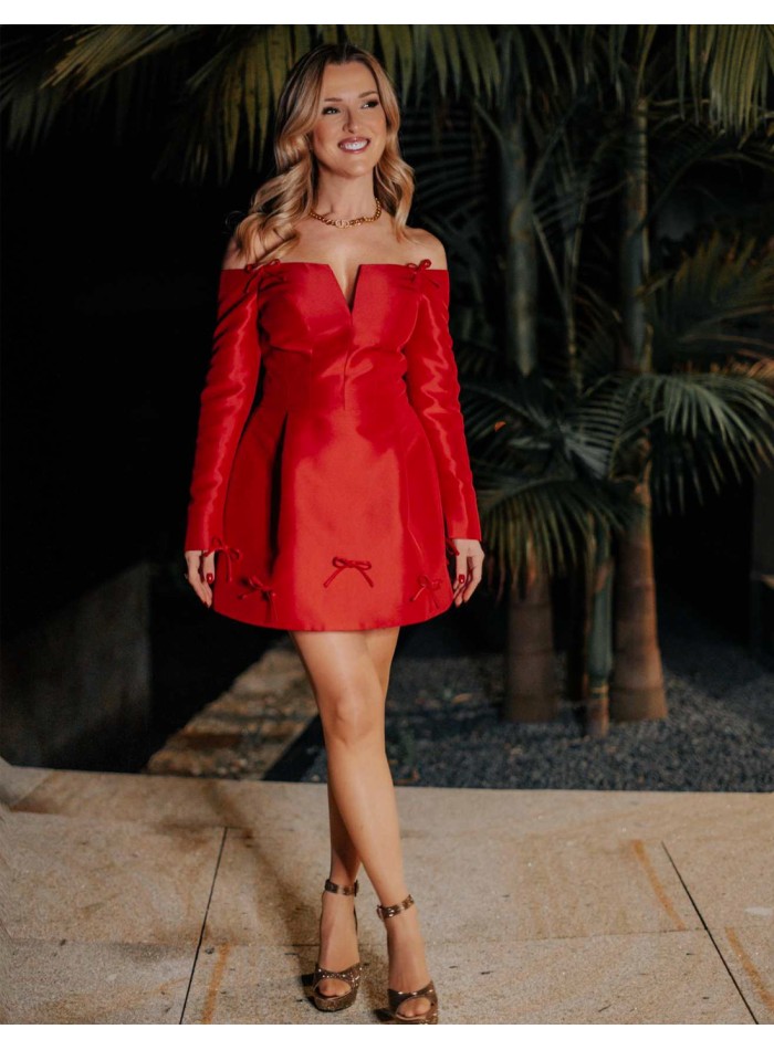 Mini party dress with bardot neckline and bow details