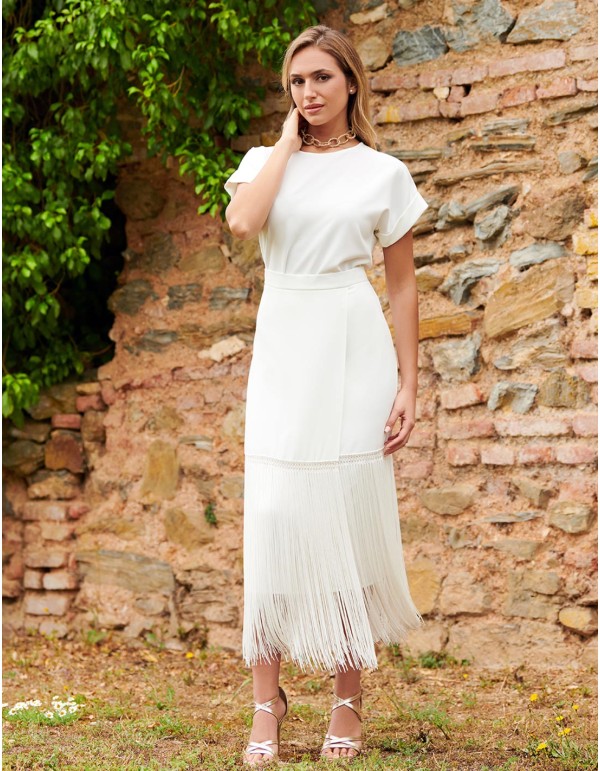 Falda de fiesta de tiro alto con detalles de fleco