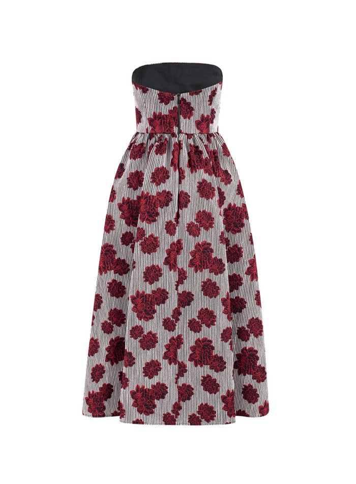 Printed midi party dress and strapless neckline