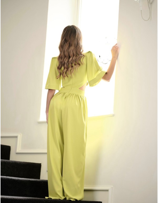 Lime cut-out long party jumpsuit with short sleeves 2
