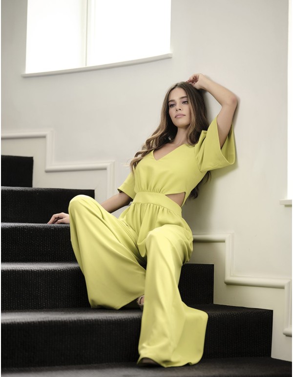 Lime cut-out long party jumpsuit with short sleeves