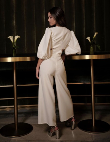 Party jumpsuit with french puffed sleeves and cut-out waist