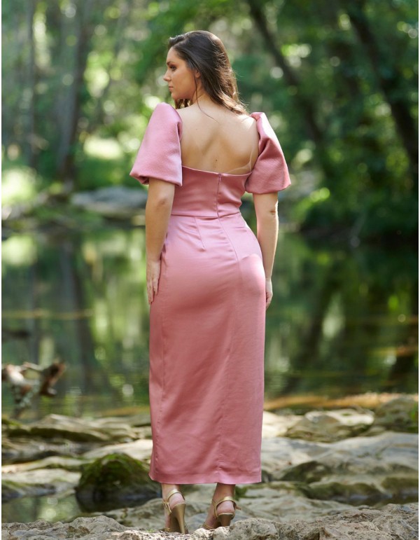 Satin midi party dress with slit 2