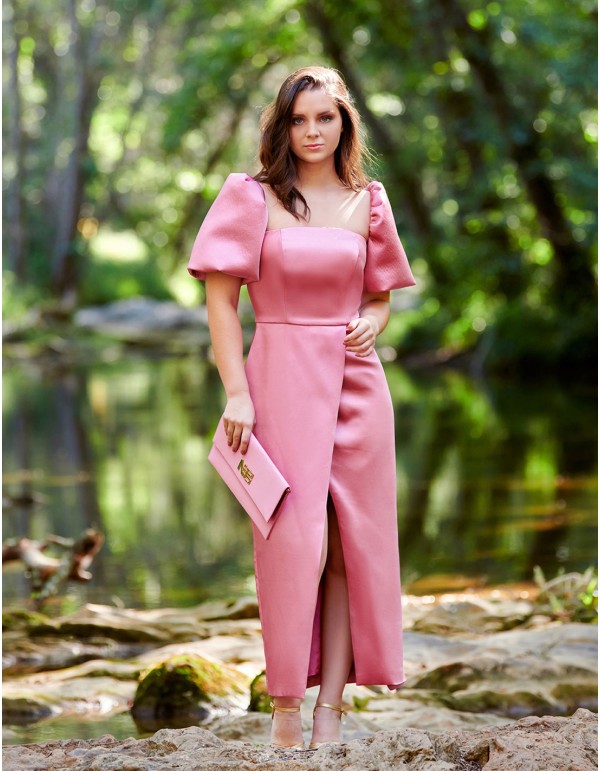 Satin midi party dress with slit