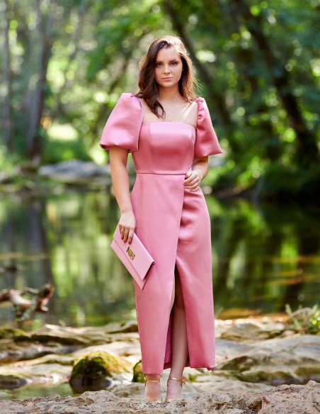 Satin midi party dress with slit