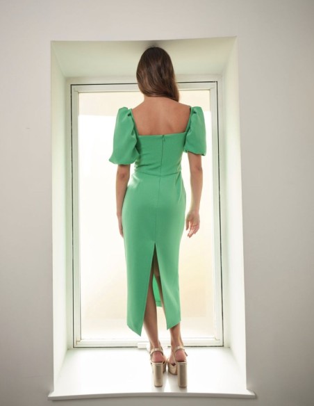 Green midi party dress with short puffed sleeves